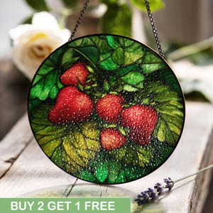 Strawberry Lover Stained Glass, Gardener Mom Gift Suncatcher, Farmhouse Kitchen Decor Window Hanging, Country Living Gift For Her Art Panel
