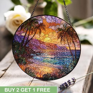 Beach Lover Gift Stained Glass, Coastal Home Decor Suncatcher, Ocean Sunset Window Hanging, Hawaiian Palm Tree Art, Housewarming Gift Couple