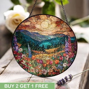Mountain Landscape Stained Glass, Wildflower Meadow Suncatcher, Nature Lover Gift Window Hanging, Gardener Mom Birthday Gift Stained Glass