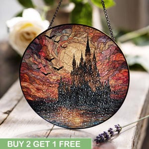 Gothic Castle Stained Glass, Halloween Decor Stained Glass, Fantasy Architecture Stained Glass, Spooky Bats Art Stained Glass, Witchcraft