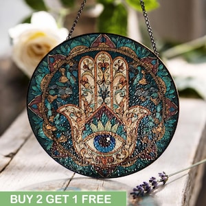 Hamsa Hand Stained Glass, Evil Eye Suncatcher, Spiritual Gift For Friend, Yoga Hobby Window Hanging, Religious Protection Symbol Stained