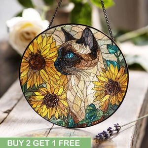 Siamese Cat Stained Glass, Feline Stained Glass, Sunflower Art Stained Glass, Cat Lover Stained Glass, Nature Decor Stained Glass, Gift Girl