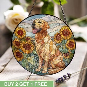 Labrador Dog Stained Glass, Dog Art Stained Glass, Sunflower Stained Glass, Pet Lover Stained Glass, Animal Decor Stained Glass, Nature Gift