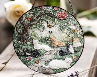 青い目の猫と蝶と花のステンドグラスアート - 気まぐれな猫の自然風景