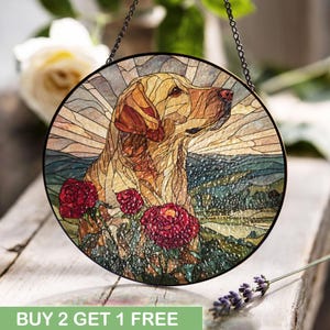 Yellow Labrador Retriever Stained Glass, Dog Lover Stained Glass, Pet Memorial Stained Glass, Animal Art Stained Glass, Nature Landscape
