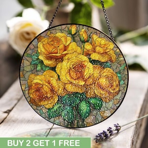 Yellow Rose Stained Glass, Floral Window Art Stained Glass, Garden Flower Decor Stained Glass, Nature Lover Gift Stained Glass, Home Wall