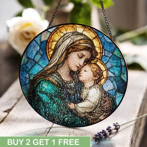 Virgin Mary And Baby Jesus Stained Glass, Religious Stained Glass, Catholic Faith Decor Stained Glass, Holy Mother Stained Glass Art