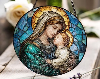 正教会カトリックの聖母マリアのステンドグラス風飾り板、カトリック