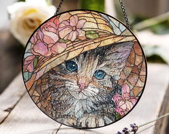 青い目の猫と蝶と花のステンドグラスアート - 気まぐれな猫の自然風景