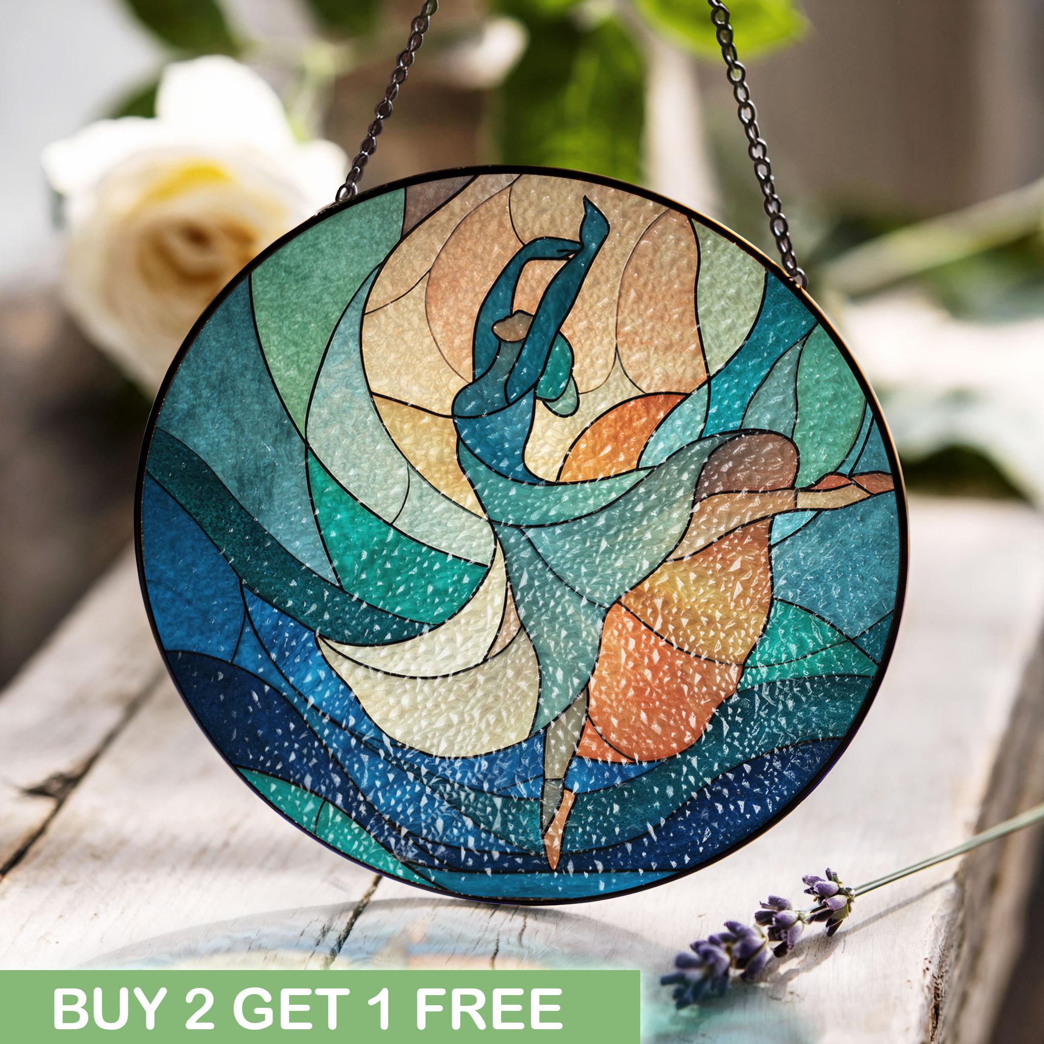 踊るカップルのステンドグラス、ロマンチックな記念日の贈り物サン