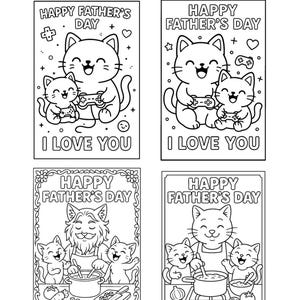 Coloriages de chat kawaii pour la fête des pères – Lot à imprimer pour les enfants – Activités pour chats de jeu et de cuisine – Cartes d'animaux mignons pour papa