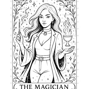 Paquete de páginas para colorear de la carta del Tarot "La Maga": Arte lineal imprimible de la Bruja, Baraja de Tarot Moderna, Maga Mística (PDF)
