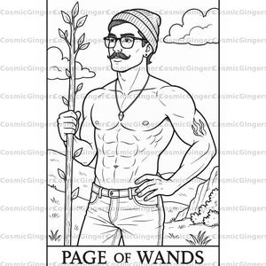Coloriage de baguettes branchées chaudes | Dessin au trait imprimable Tarot Hunk | Téléchargement numérique pour adultes