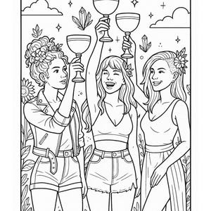 May include: Black and white line art illustration of the Three of Cups tarot card. Three women are depicted raising chalices in a celebratory toast. The card features floral and crystal accents, with the text "THREE OF CUPS" at the bottom.
