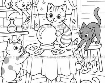 Dibujos para colorear de gatos místicos y cristales: Arte de brujas (Descarga digital)
