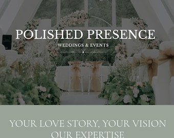 May include: A wedding venue with a white archway and floral decorations. The text "Polished Presence Weddings & Events" is displayed on the website.