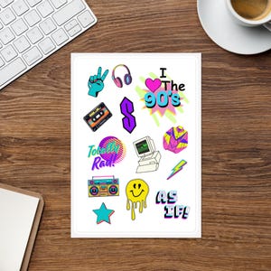 Retro 90s Sticker Sheet – Nostalgic Throwback Stickers | Vintage Aesthetic, Neon Colors, Totally Rad Vibes