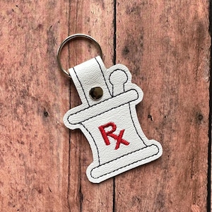 Rx Pharmacy Keychain, Mortal and Pestle Bag Tag, Embroidered prescription symbol Key Chain, KEY NUR