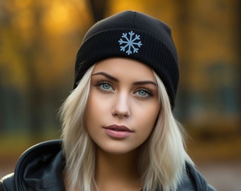Blue Snowflake Knit Beanie, Snow Flake Winter Knit Beanie, Embroidered Knit Beanie, Cozy Beanie for Women, Comfy Beanie for Men, BEA