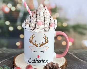 Personalized Hot Chocolate Mugs, Reindeer Mug, Kids Christmas Mugs, Secret Santa Gift, Child’s Hot Cocoa Mug, Christmas Reindeer Face, CHR