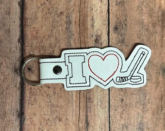 I Love Hockey Embroidered Keychain, Hockey Bag Tag, Hockey Coaches Gift, Hockey Mom Keychain, Hockey Dad Keychain, Hockey Key Fob, KEY