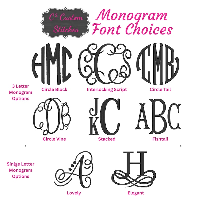 May include: Image displaying monogram font choices. Features examples of 3-letter and single-letter monograms in styles like Circle Block, Interlocking Script, Circle Tail, Circle Vine, Stacked, Fishtail, Lovely, and Elegant. Text includes "C2 Custom Stitches" and "Monogram Font Choices."