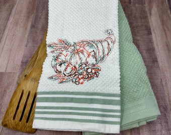 Fall Cornucopia Kitchen Towel, Embroidered Kitchen Towel Set, Fall and Thanksgiving Décor, 2 Matching Fall Theme Kitchen Towels, KTW