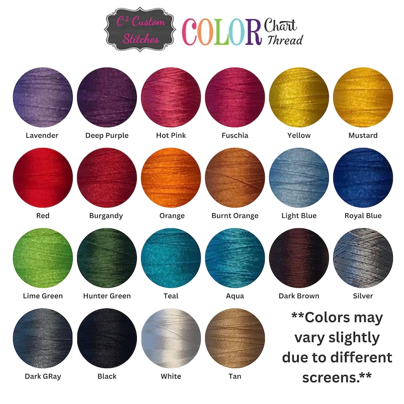 May include: A thread colour chart displaying a range of hues. The chart includes colours like lavender, deep purple, hot pink, fuchsia, yellow, mustard, red, burgundy, orange, burnt orange, light blue, royal blue, lime green, hunter green, teal, aqua, dark brown, silver, dark grey, black, white, and tan.