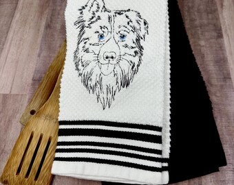 Australian Shepherd Sketch Kitchen Towel Set, Embroidered Kitchen Towel Set, Dog Breed Towels, Australian Shepherd Embroidery, KTW, FRB