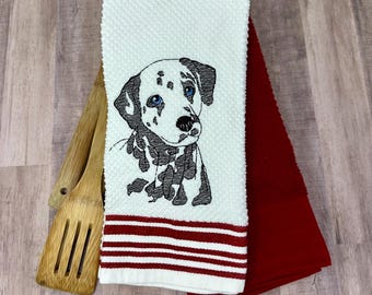 Dalmatian Sketch Kitchen Towel Set, Embroidered Kitchen Towel Set, Dog Breed Kitchen Towels, Blue Eyed Dalmatian Embroidery, KTW, FRB