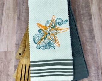 Starfish Ocean Swirl Sketch Kitchen Towel, Embroidered Kitchen Towel Set, Beach Decor, 2 Matching Beach Theme Kitchen Towels, KTW, BEA