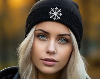 Silver Snowflake Knit Beanie, Snow Flake Winter Knit Beanie, Embroidered Knit Beanie, Cozy Beanie for Women, Comfy Beanie for Men, BEA