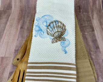 Seashell Ocean Swirl Sketch Kitchen Towel, Embroidered Kitchen Towel Set, Beach Decor, 2 Matching Beach Theme Kitchen Towels, KTW, BEA