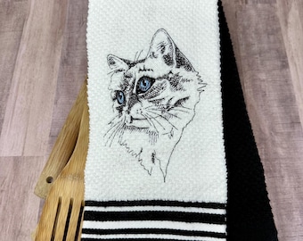 Cat Face Sketch Kitchen Towel Set, Embroidered Kitchen Towel Set, Cat Kitchen Towel Set, Cat Face Embroidery, KTW, FRB