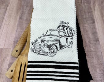 Pickup Truck with Pumpkin Sketch Kitchen Towel, Embroidered Kitchen Towel Set, Fall Farm Décor, 2 Matching Pumpkin Theme Kitchen Towels, KTW