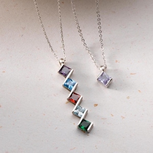 Custom Family Birthstone Necklace for Mom | Personalized Vertical Birthstone Pendant | Multi Square Colorful Stone Charm Jewelry Gift