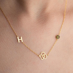 Collar con inicial de flor de nacimiento personalizada con piedra de nacimiento / Colgante con letra de piedra de nacimiento familiar personalizado / Regalo de joyería de cumpleaños para tu mejor amiga