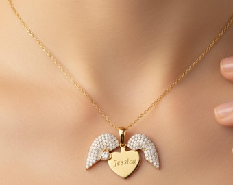 Personalized Angel Wings Necklace • Hidden Name, Gold Plated