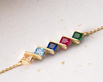Pulsera de oro de 14 quilates con piedra de nacimiento familiar: joyería personalizada para mamá