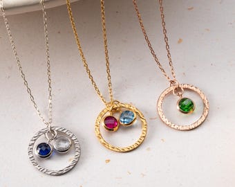 Personalized Birthstone Family Halo Necklace: Hammered Sterling Silver Pendant
