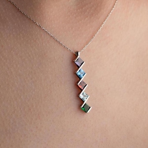Personalized Vertical Birthstone Necklace for Mom | Custom Family Birthstone Jewelry | 14K Gold Multi Square Colorful Stone Pendant
