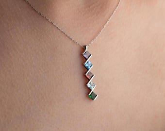 Personalisierte 14K Gold Halskette mit Geburtsstein: Sterlingsilber Familienanhänger