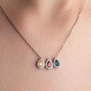 Silber Tropfen Geburtsstein Anhänger | 14k Gold Birnenförmige Birthstone Halsketten mit Zirkon | Einzigartige Familien Halskette mit Kinder Steinen