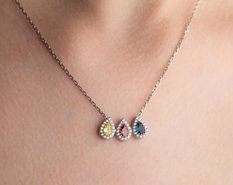 Family Birthstone Necklace with Zircon: 14k Gold & Sterling Silver Pear Pendants