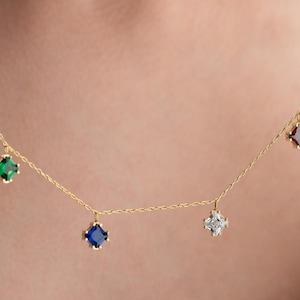 Family Necklace with Square Birthstone | Personalized Grandma Jewelry | 14K Gold Mom Necklace with Kids Birthstones | Birthday Pendant
