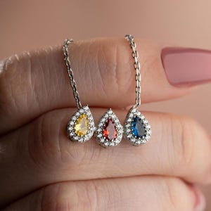 14k Gold Pear Shaped Birthstone Necklaces with Zircon | Unique Family Necklace with Kids Birth Stones | Silver Drop Birthstone Pendants
