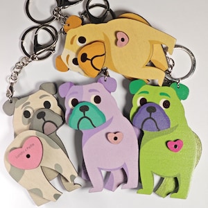 Wooden dog British bulldog pendant keychain, bag keychain, car keychain, mobile phone chain, gift pendant. Suitable for friends and family