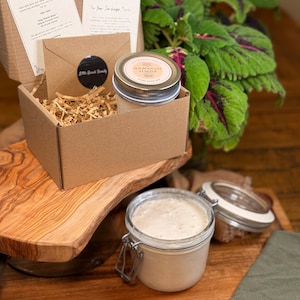 May include: A sourdough starter kit in a cardboard box with instructions and a jar of starter. The kit includes a jar of sourdough starter, a small envelope, and two cards with instructions. The jar has a metal lid and is labeled "Sourdough Starter".
