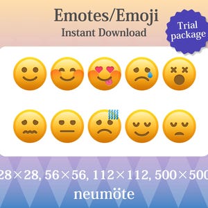 May include: A digital graphic featuring a collection of yellow emoji faces with various expressions, including smiling, blushing, and crying. The image includes the text "Emotes/Emoji Instant Download" and "Trial package". The image also displays the sizes 28x28, 56x56, 112x112, and 500x500.