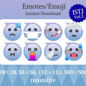 Op de afbeelding: Een digitale afbeelding met acht blauwe emoji-gezichten die verschillende emoties uitdrukken, zoals verdriet en ziekte. De tekst "Emotes/Emoji Instant Download" en "ISTJ Vol.3" is ook aanwezig. De afmetingen zijn 28x28, 56x56, 112x112 en 500x500 pixels.